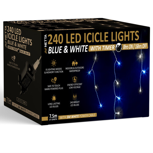 NETTA (240 LED, Blue & Cool White) NETTA Icicle Lights with Timer and 8 Light Modes 1
