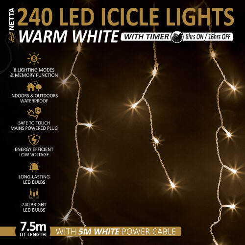 NETTA (240 LED, Warm White) NETTA Icicle Lights with Timer and 8 Light Modes 2