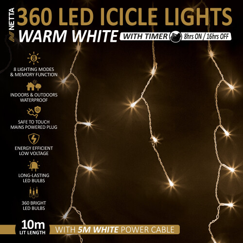 NETTA (360 LED, Warm White) NETTA Icicle Lights with Timer and 8 Light Modes 2