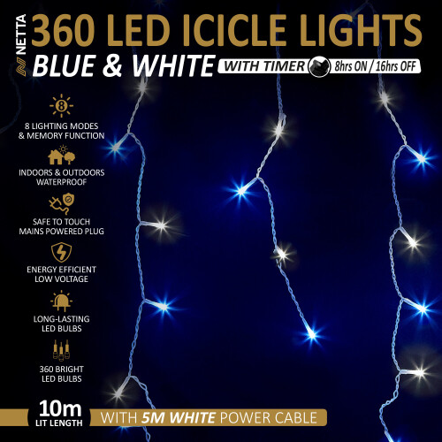 NETTA (360 LED, Blue & Cool White) NETTA Icicle Lights with Timer and 8 Light Modes 2
