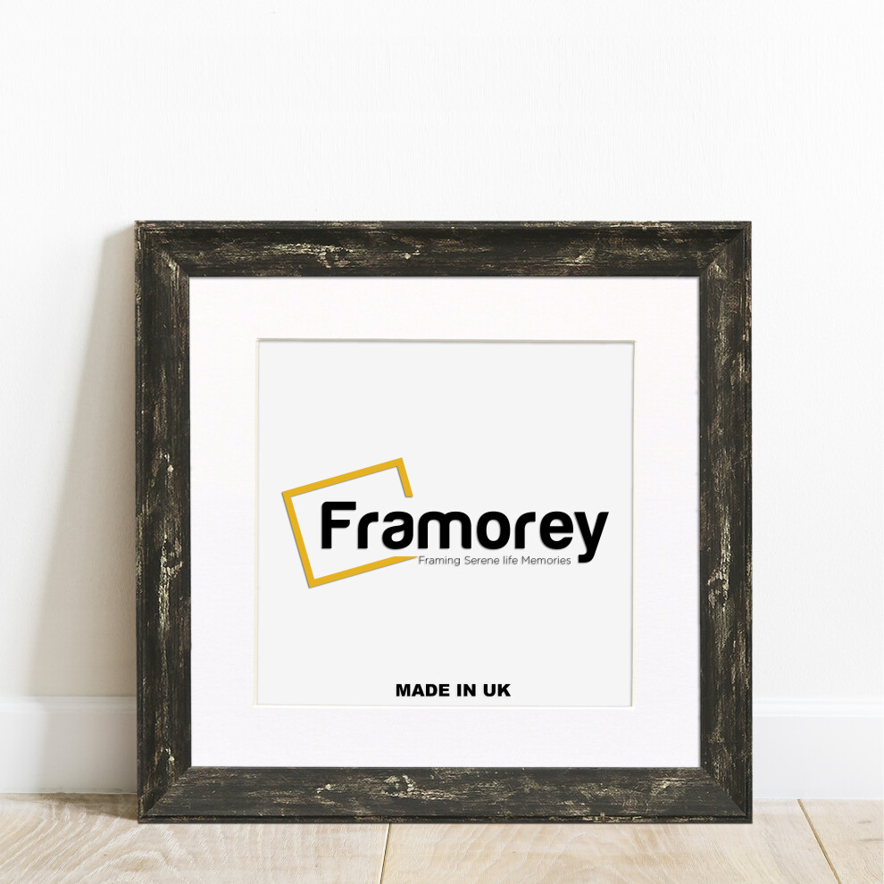 (Black With White Mount, 10x10" Pic (12x12" Frame)) Square Size Black Picture Frame / Vintage Distressed Photo Frames With Multicolored Mount / Poster Frames / Wall Art Frame