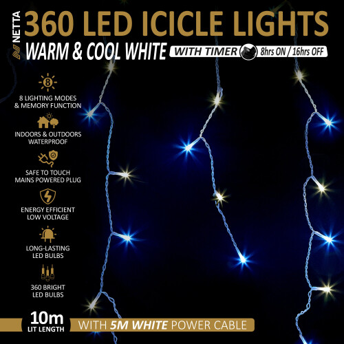 NETTA (360 LED, Warm White & Cool White) NETTA Icicle Lights with Timer and 8 Light Modes 2