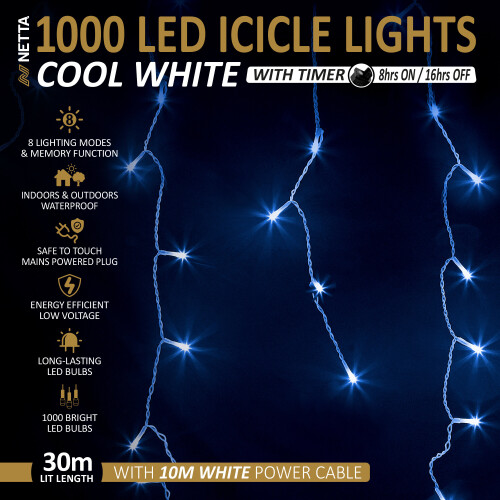 NETTA (1000 LED, Cool White) NETTA Icicle Lights with Timer and 8 Light Modes 2