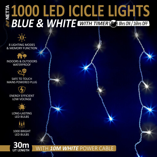 NETTA (1000 LED, Blue & Cool White) NETTA Icicle Lights with Timer and 8 Light Modes 2