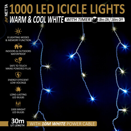 NETTA (1000 LED, Warm White & Cool White) NETTA Icicle Lights with Timer and 8 Light Modes 2