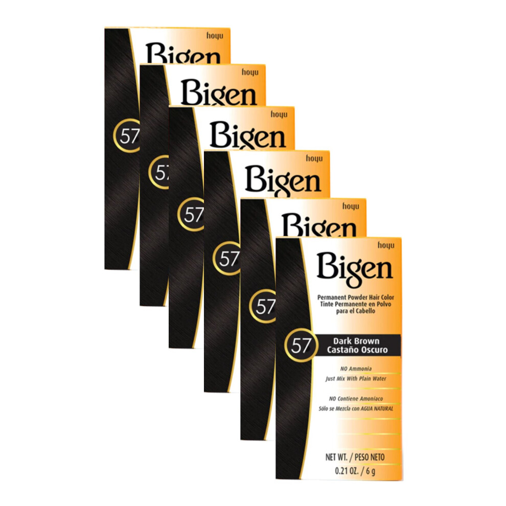 Bigen Powder Permanent Hair Color 57 Dark Brown 6g- With Easy & Speedy Application - No Ammonia( Pack of 6)