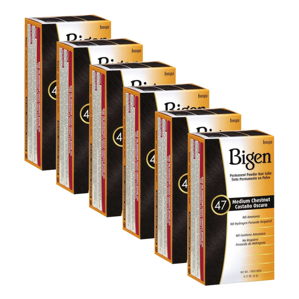 Bigen Powder Permanent Hair Color 47 Medium Chestnut 6g- Easy & Speedy Application - No Ammonia - Perfect for Naturally Covering Grey Hair (Pack of 6)