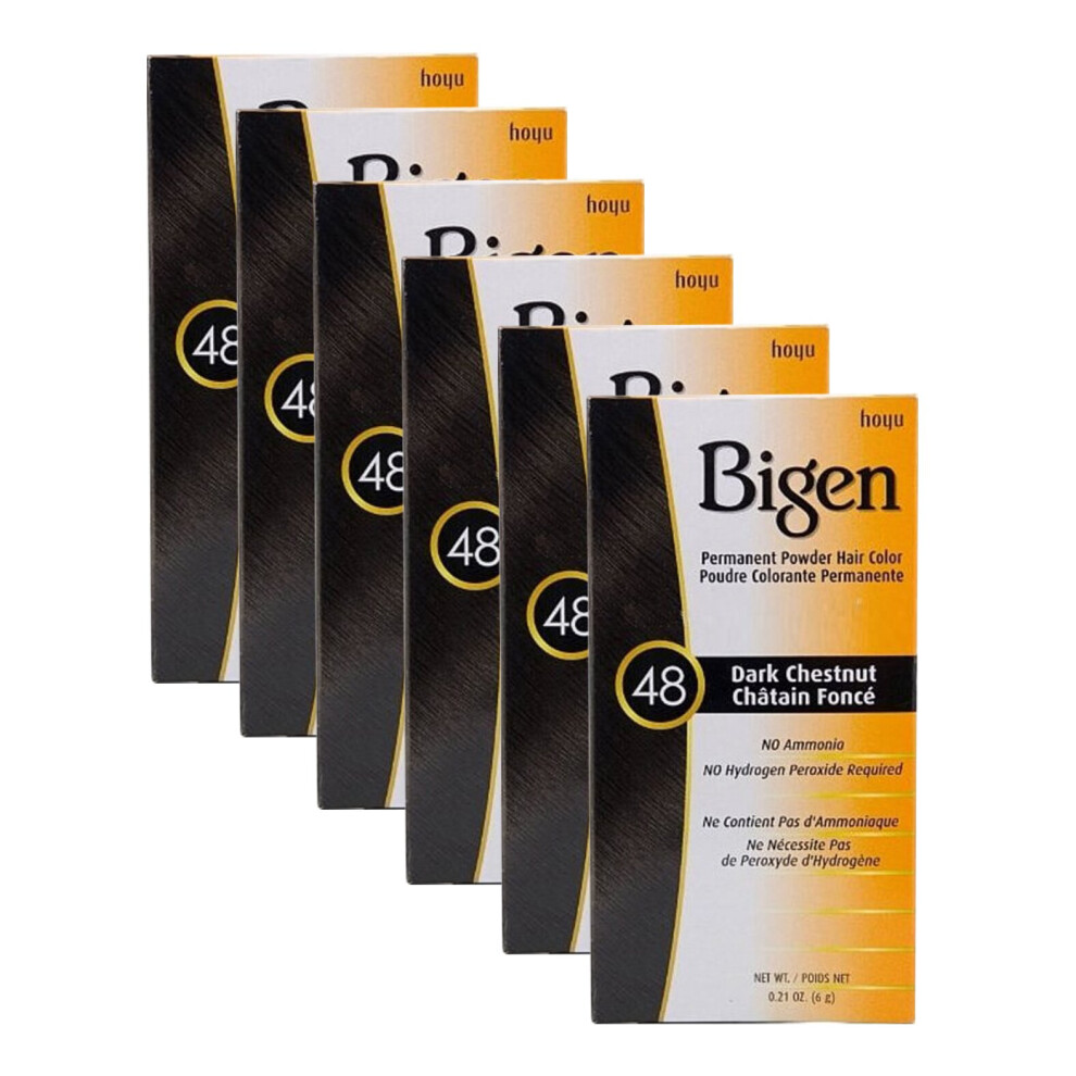 Bigen Powder Permanent Hair Color 48 Dark Chestnut 6g- Easy & Speedy Application - No Ammonia - Perfect For Naturally Covering Grey Hair (Pack of 6)