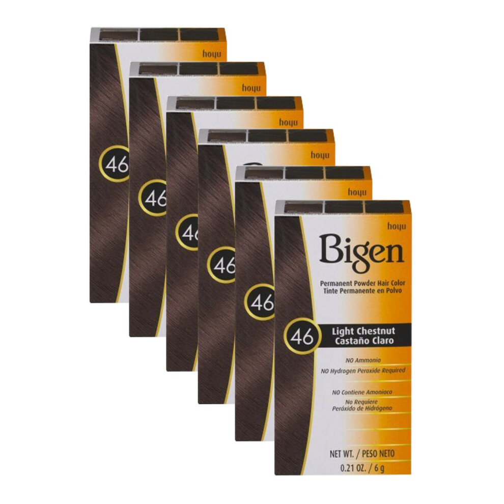 Bigen Powder Permanent Hair Color 46 Light Chestnut 6g - Excellent Gray Hair Coverage - No Ammonia or Harsh Odor - Just Add Water( Pack of 6)