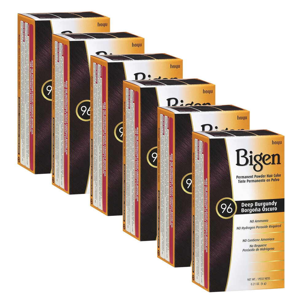 Bigen Powder Permanent Hair Color 96 Deep Burgundy 6g - Excellent Gray Hair Coverage - No Ammonia or Harsh Odor - Just Add Water (Pack of 6)