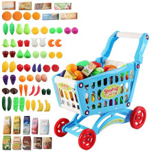 Shopping Cart Trolley for Children Play Set Includes 78 Grocery Food Fruit Vegetables Shop Accessories for Kids Boys and Girls (BLUE)