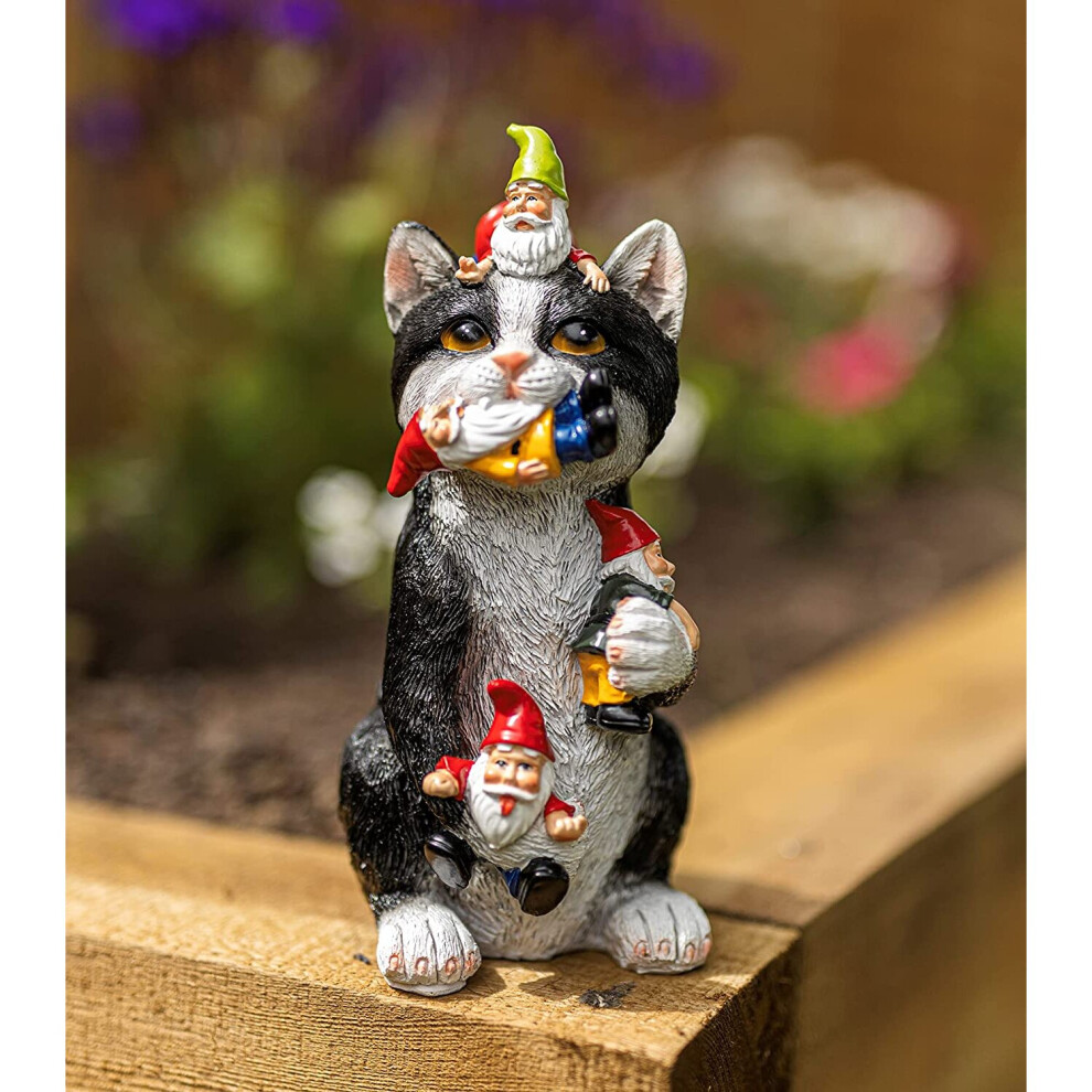 Gnome with Cat Ornament Colourful Garden or Indoor Decoration