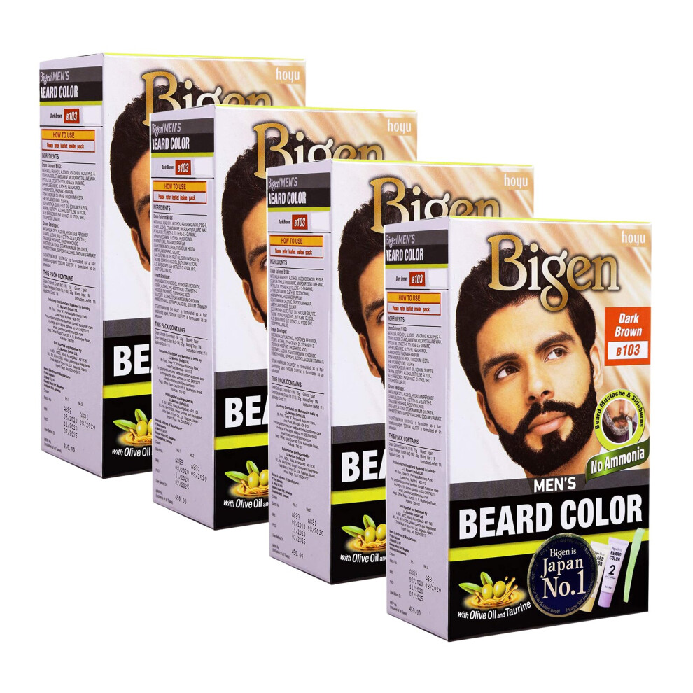 (Pack of 4) Bigen Men's Beard Colour B103 Dark Brown - No Ammonia Formula with taurine & Olive Oil - Excellent Gray Hair Coverage