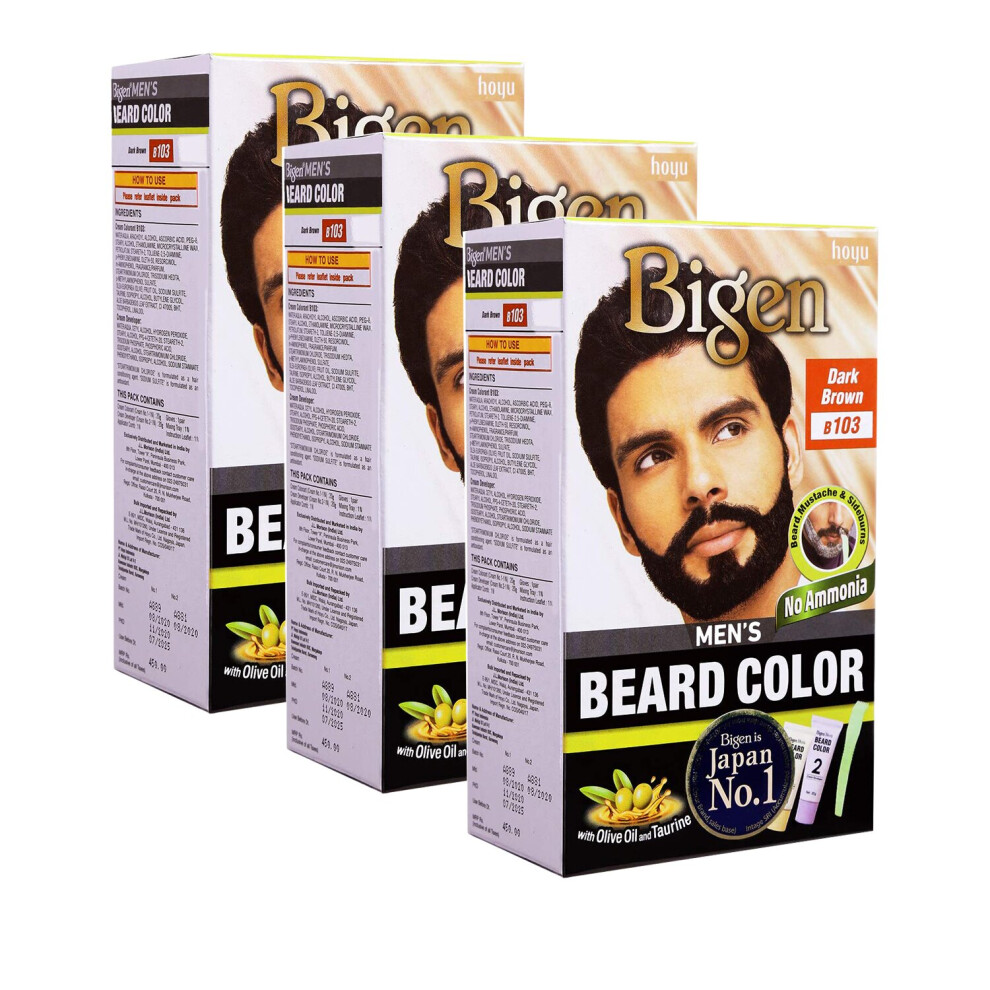 Bigen Brown (Pack Of 3) Men's Beard Colour B103 Dark - No Ammonia Formula With Taurine & Olive Oil - Excellent Gray Hair Coverage