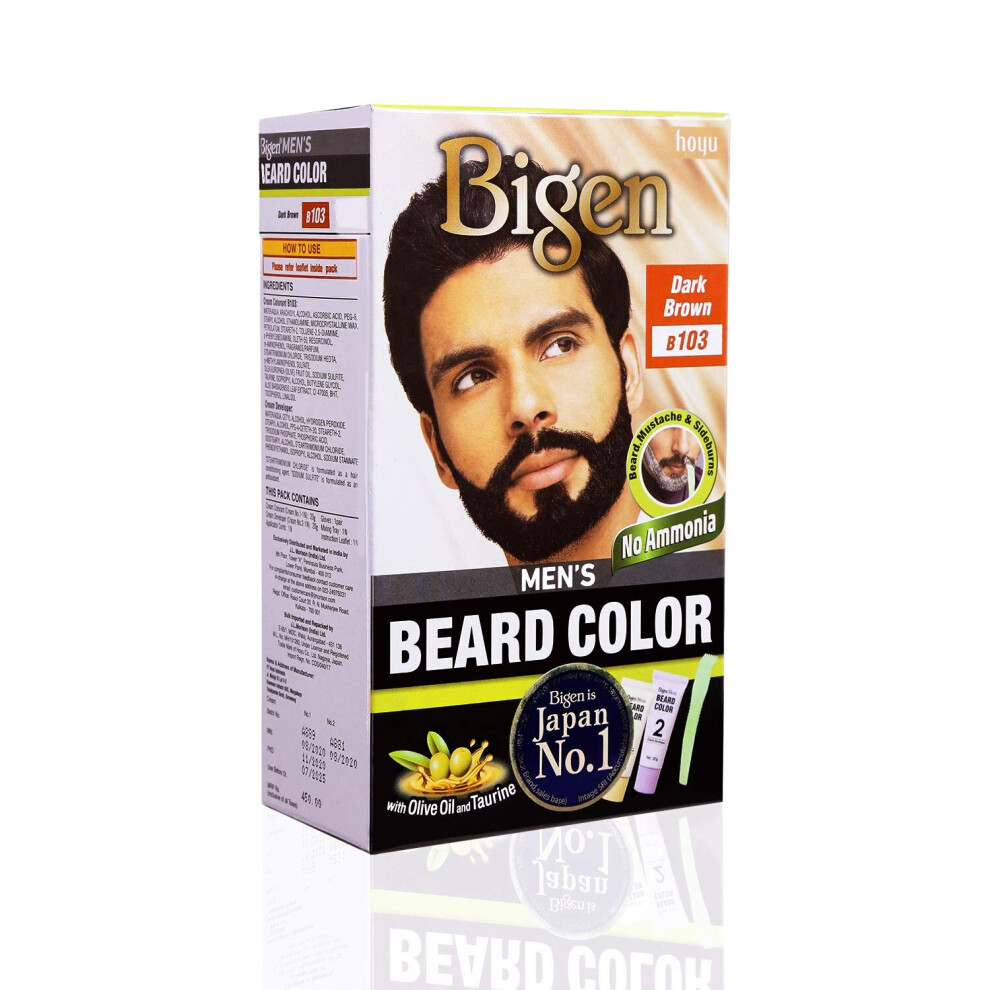 (Pack of 1) Bigen Men's Beard Colour B103 Dark Brown - No Ammonia Formula with taurine & Olive Oil - Excellent Gray Hair Coverage