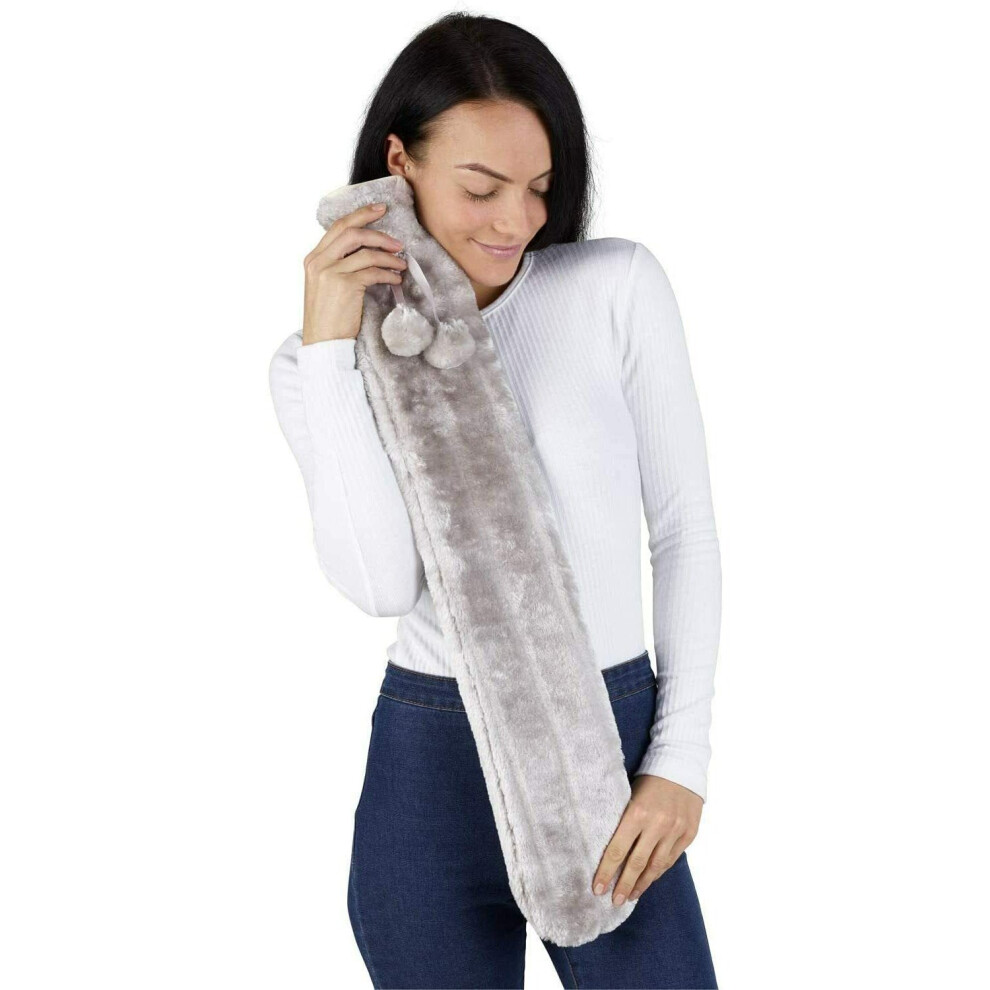 Extra Long Hot Water Bottle with Faux Fur Removable Cover (Grey)