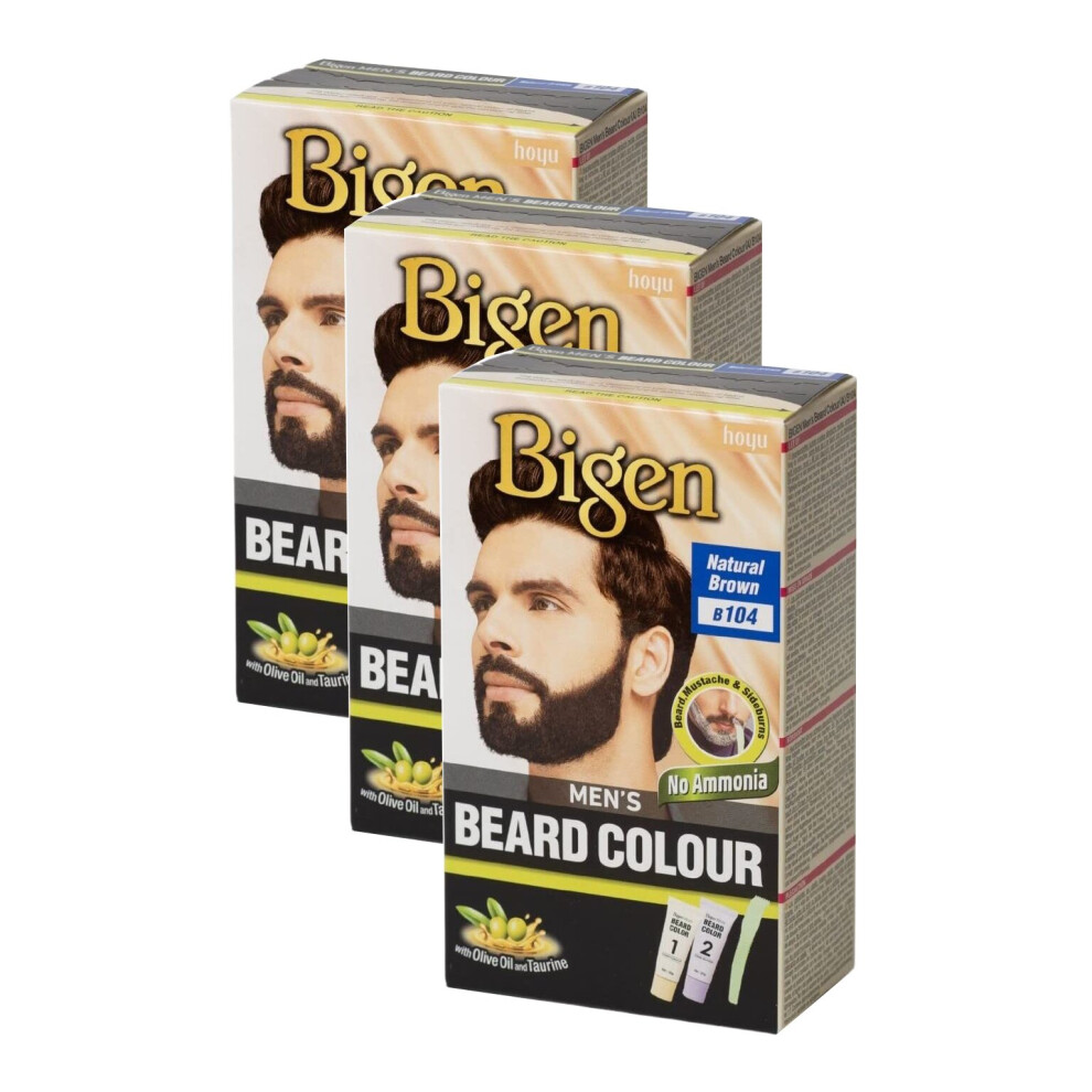 (Pack of 3) Bigen Men's Beard Colour B104 Natural Brown - No Ammonia Formula with taurine & Olive Oil - Excellent Gray Hair Coverage