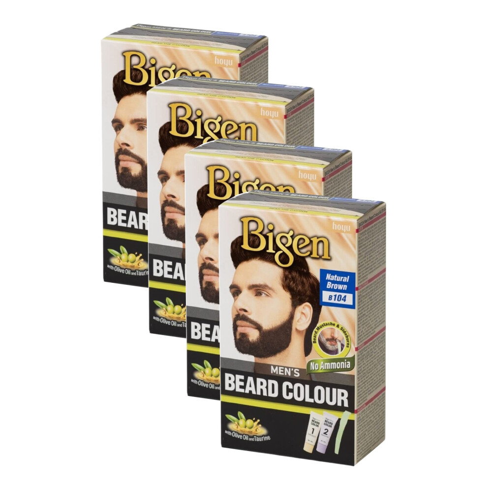 (Pack of 4) Bigen Men's Beard Colour B104 Natural Brown - No Ammonia Formula with taurine & Olive Oil - Excellent Gray Hair Coverage