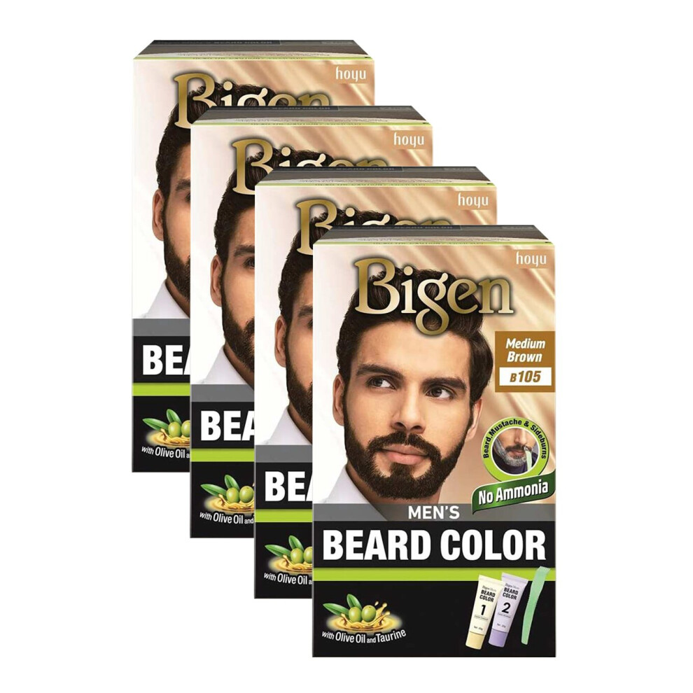 (Pack of 4) Bigen Men's Beard Colour B105 Medium Brown - No Ammonia Formula With Taurine & Olive Oil - Excellent Grey Hair Coverage