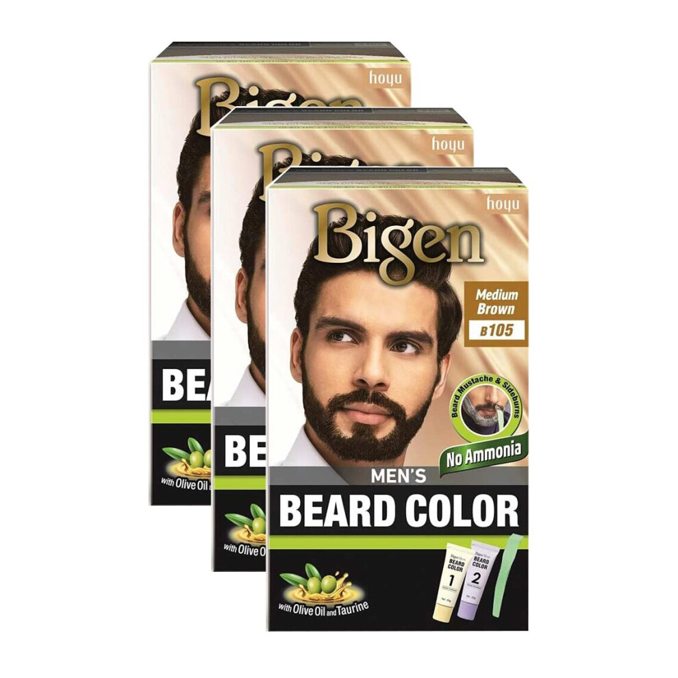 (Pack of 3) Bigen Men's Beard Colour B105 Medium Brown - No Ammonia Formula With Taurine & Olive Oil - Excellent Grey Hair Coverage