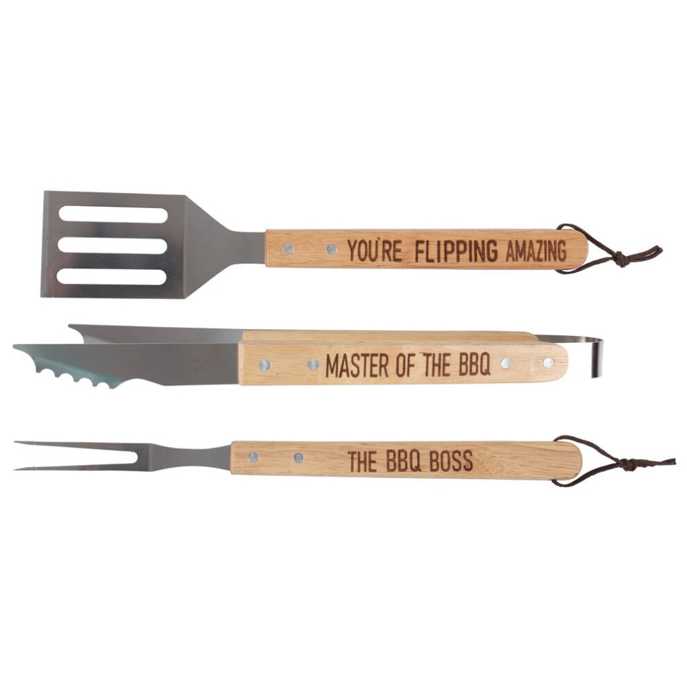 Summer BBQ Tool Set Wood Steel Tongs Fork Spatula Dad Father Day Gift