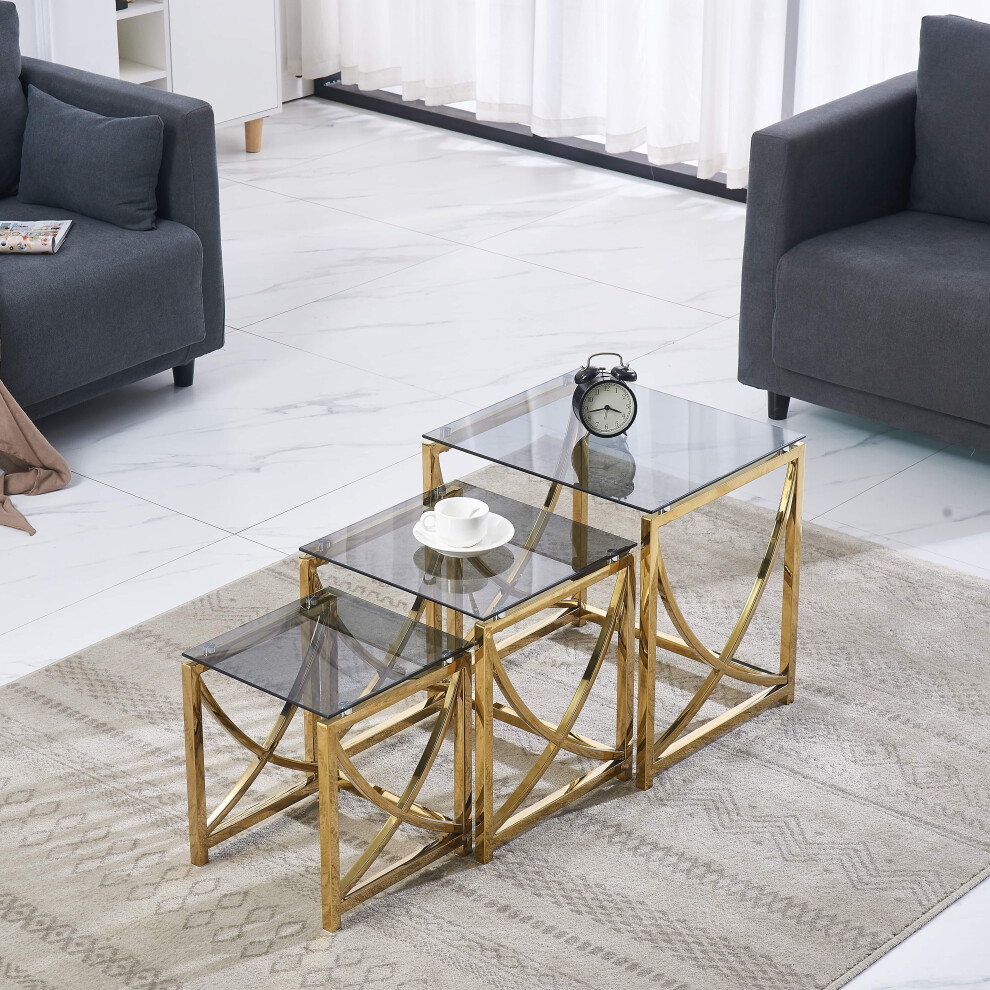 (Gold Glass) Nest of 3 Coffee Table  Tempered glass Living Room