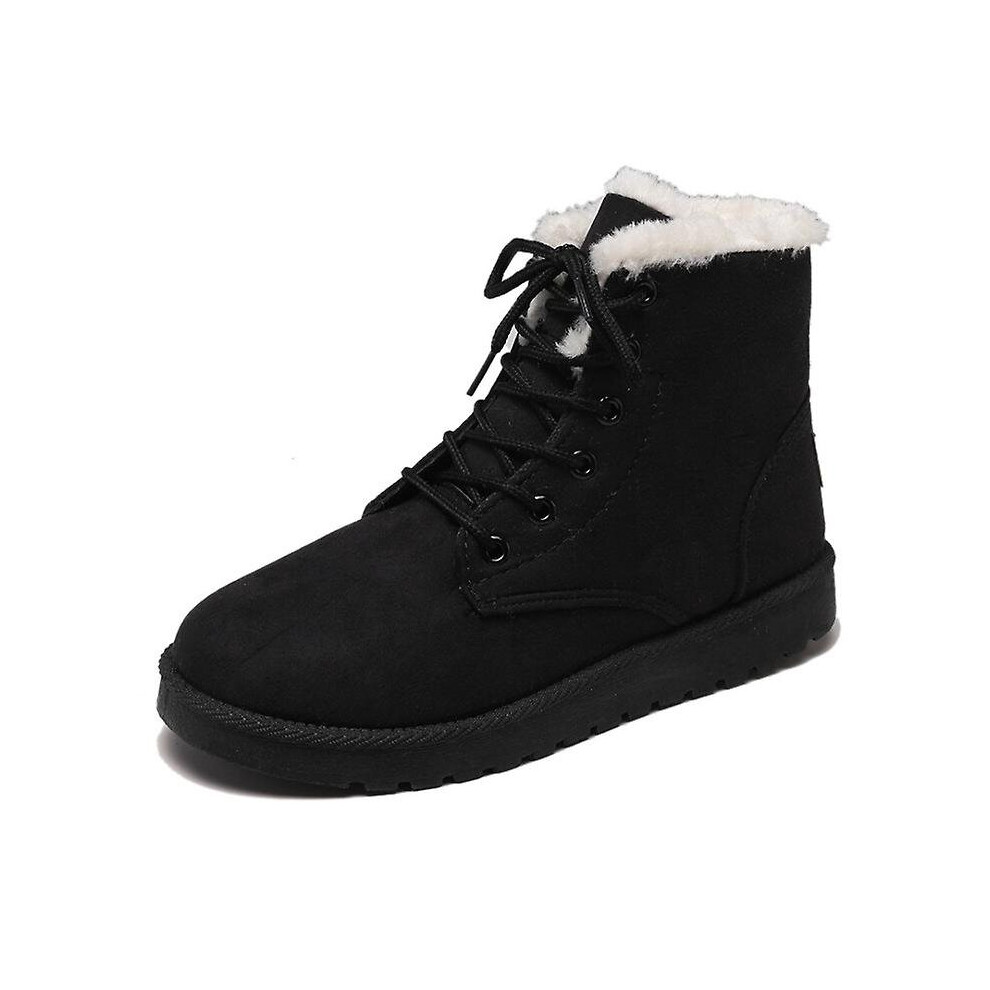 (Black, 38) Women Plus Size Lace Up Suede Ankle Fur Snow Boots