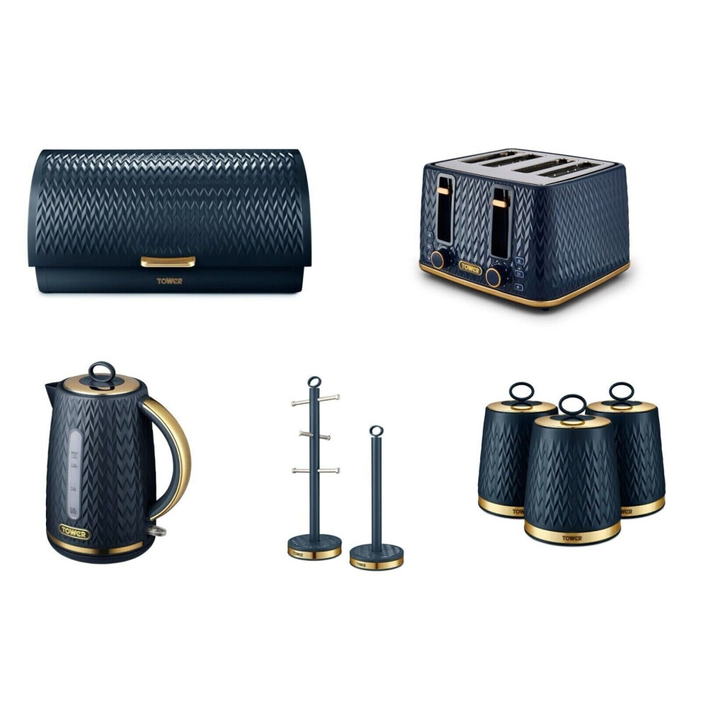 Tower Empire Midnight Blue Kettle 4 Slice Toaster Canisters Breadbin Towel & Mug