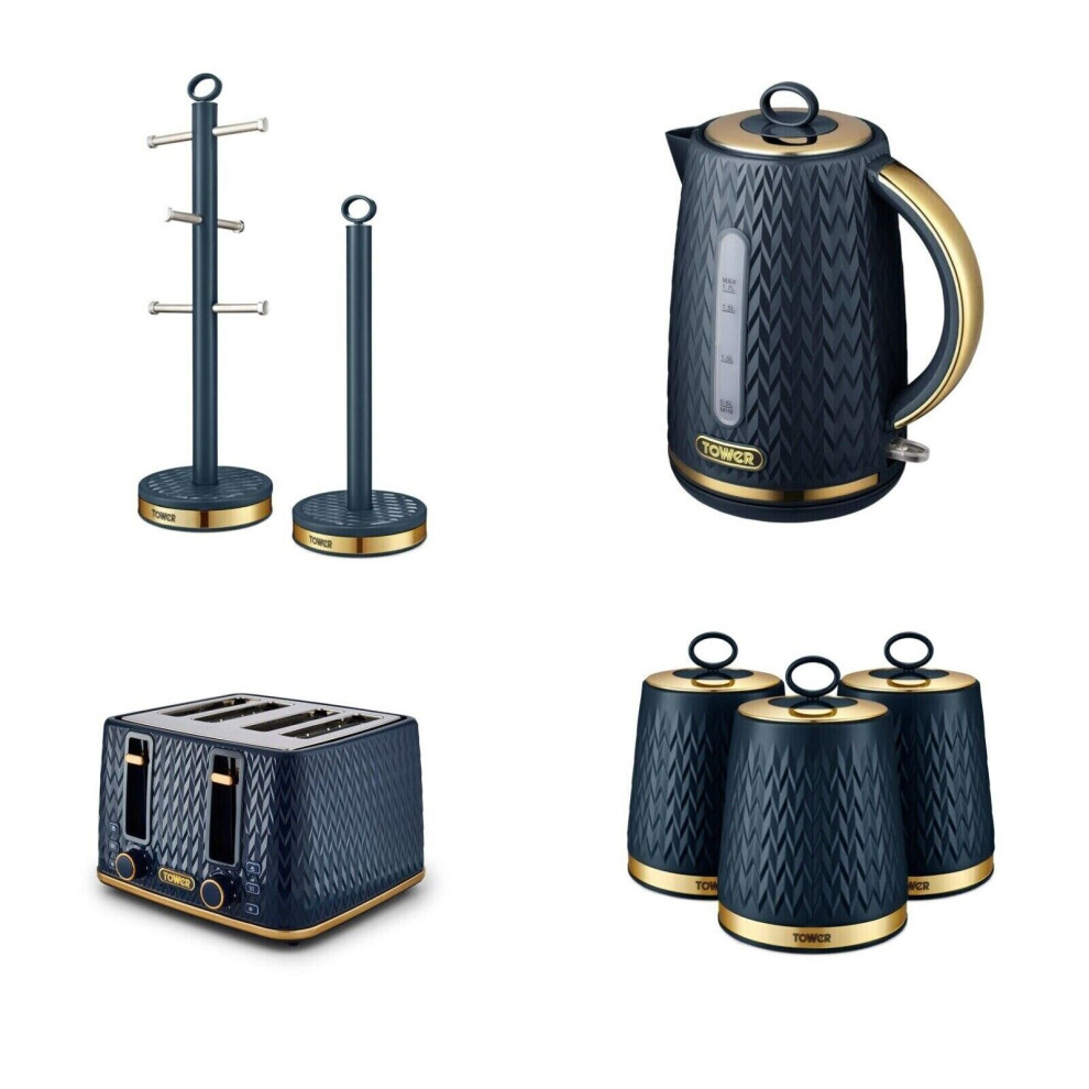 Tower Empire Midnight Blue Kettle 4 Slice Toaster Canisters Towel Pole Mug Tree