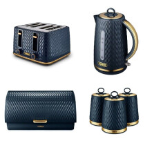 Tower Empire Midnight Blue Kitchen Set: 1.7L Kettle, 4-Slice Toaster, 3 Canisters & Bread Bin – Retro Art Deco Style