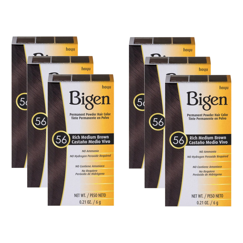 Bigen Powder Permanent Hair Color 56 Rich Medium Brown 6g - With Easy & Speedy Application - No Ammonia( Pack of 6)