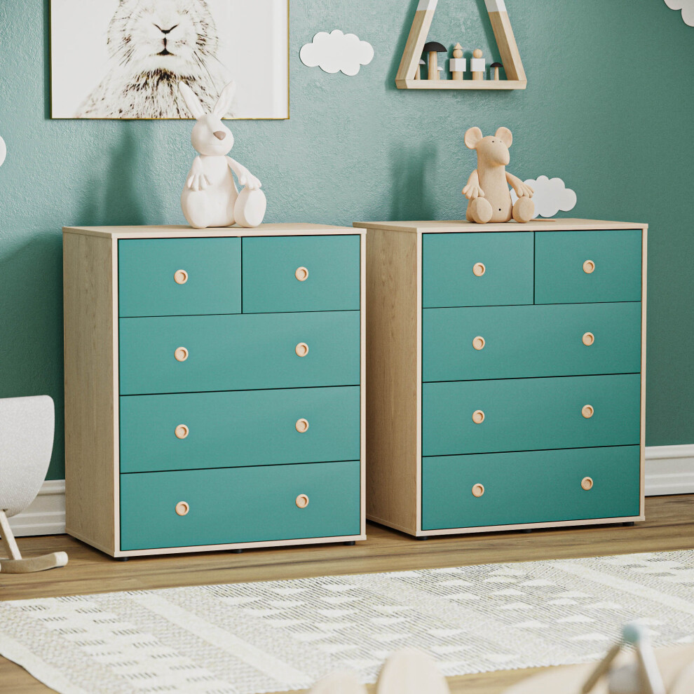 (Teal & Oak) Neptune Set of 2 Chests of Drawers Garment Storage