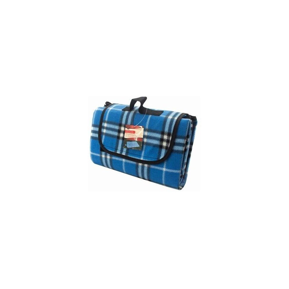 Large Blue Tartan Fleece Outdoor Picnic Blankets, Waterproof Backing