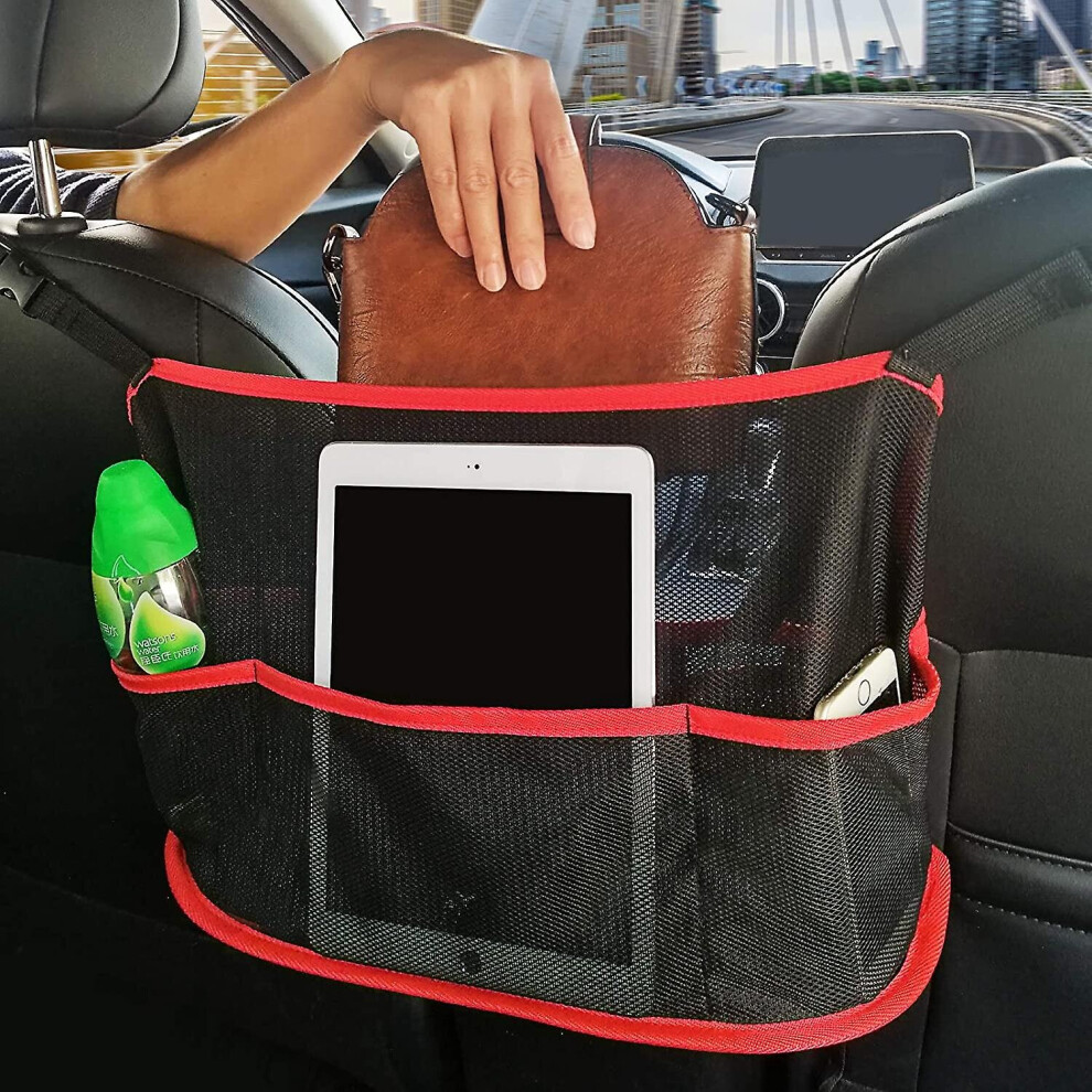 (Red) Mesh Car Backseat Organizer Net Pocket Handbag Holder Storage Pouch Between Seats Red 764799502700