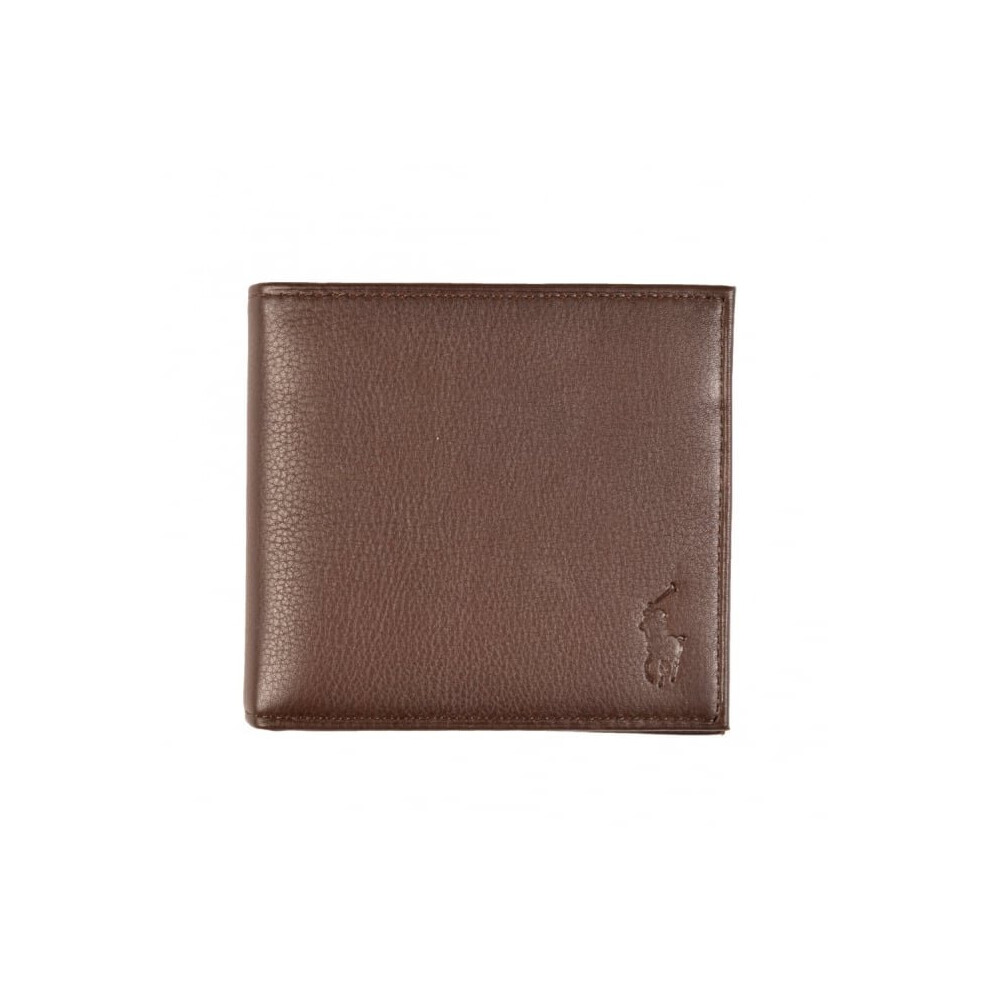 (Brown) Polo Ralph Lauren Mens Bifold Pebble Leather Card & Bill Slim Wallet