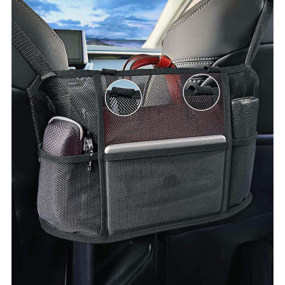 (Black) Mesh Car Backseat Organizer Net Pocket Handbag Holder Storage Pouch Between Seats Black 764799502670