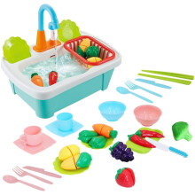 28pcs Pretend Wash-up Kitchen Sink Play Set Includes Cutting Toys, Kitchenware, Water Faucet & Drain Great for Kids