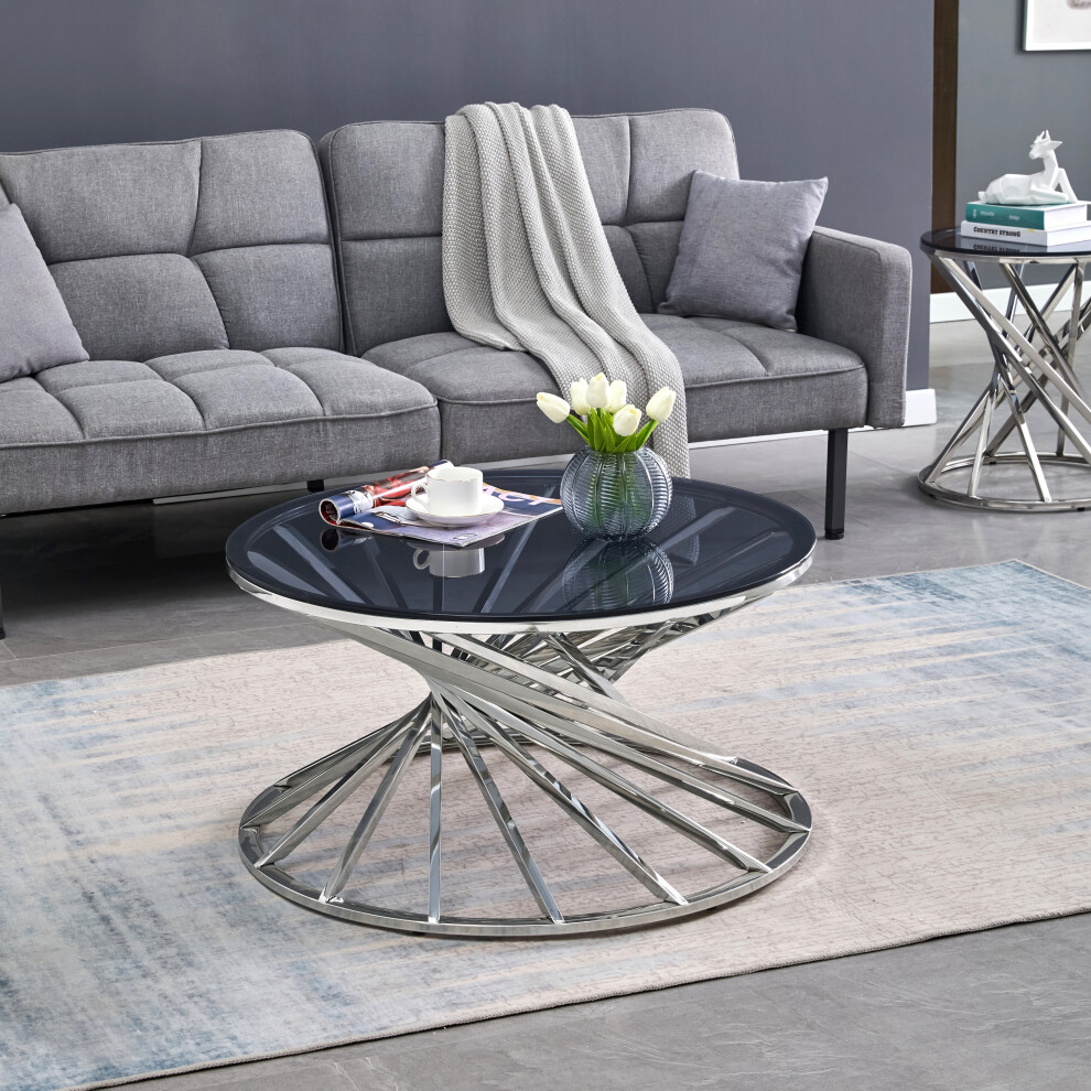 (Silver) Round Coffee Table Stainless Steel Living Room