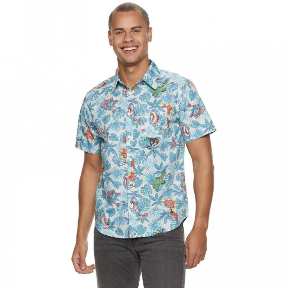 (XLarge, Blue) Marvel Avengers Button Up Hawaiian Shirt