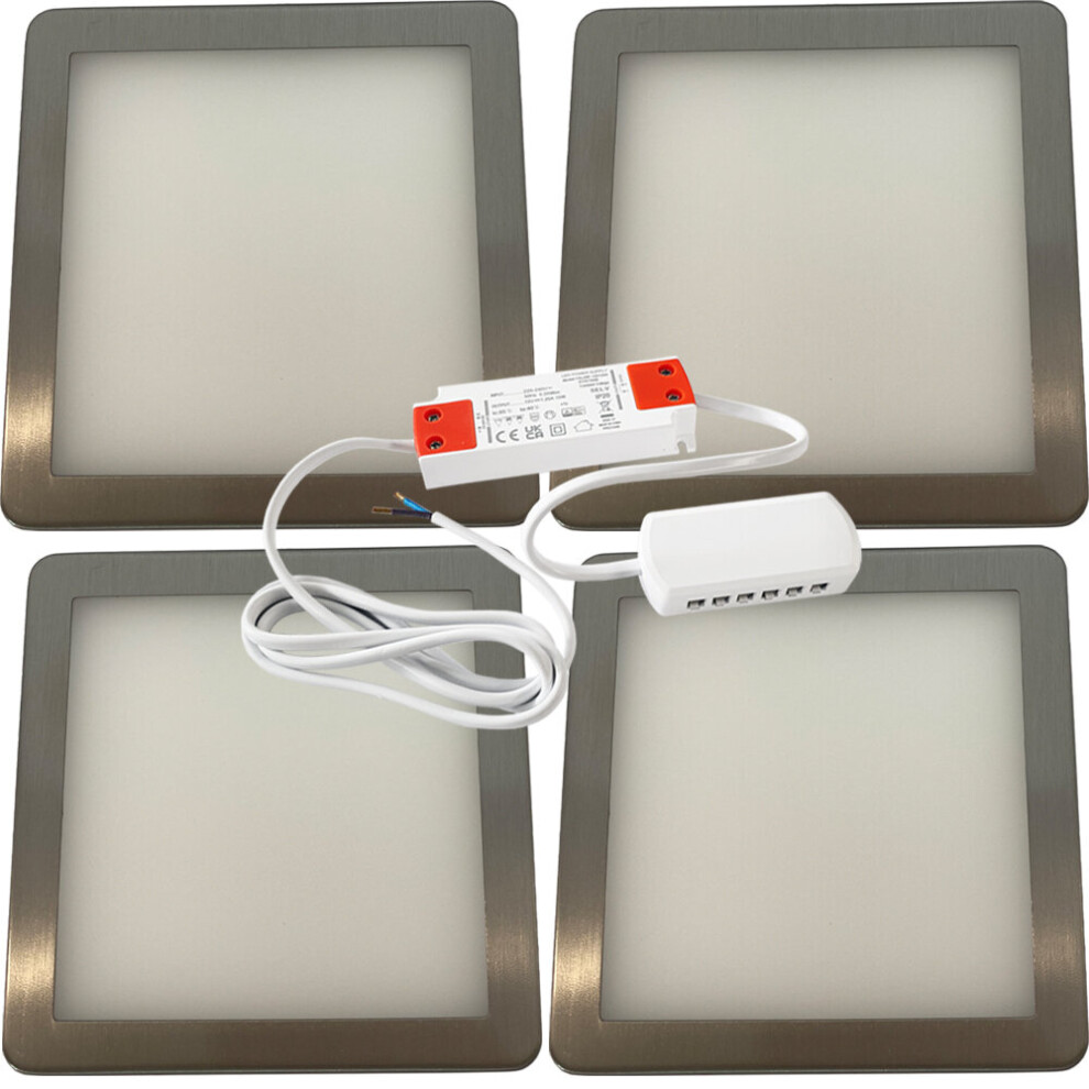 Loops (4 S & Driver) Brushed Nickel Slim Square Under Cabinet & Driver - Natural Led Light/White