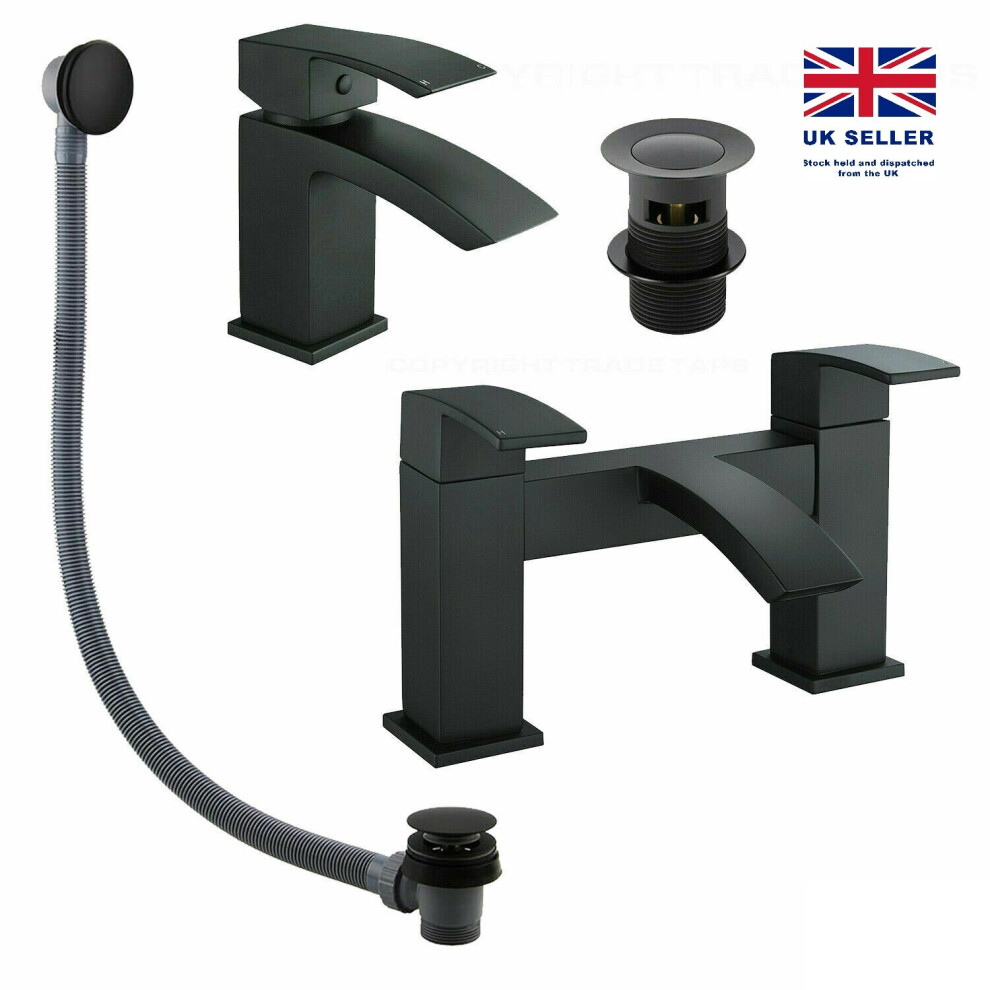 Black Matt Waterfall Basin & Bath Filler Tap Lever Square Deck Mounted Modern