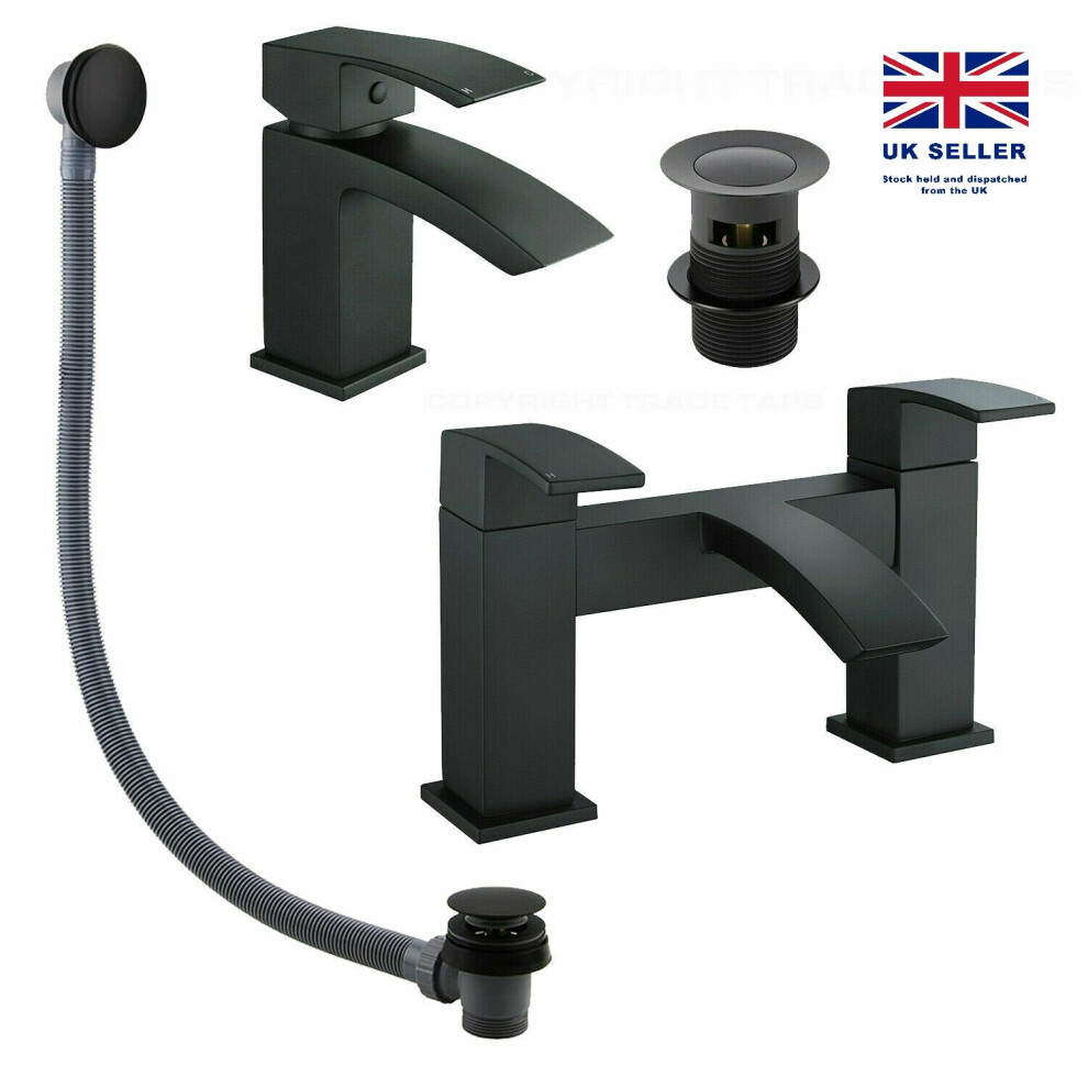 Fnx Bathrooms Matt Waterfall Basin & Bath Filler Tap Lever Square Deck Mounted Modern Black