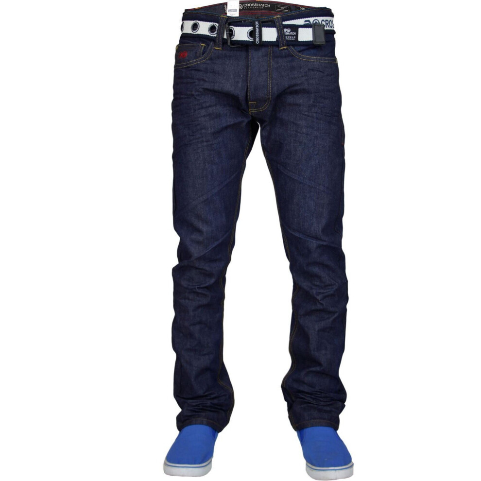 (Dark Wash, 40WX30L) Crosshatch Mens Denim Straight Leg Jeans Regular Cotton Pants Free Belt