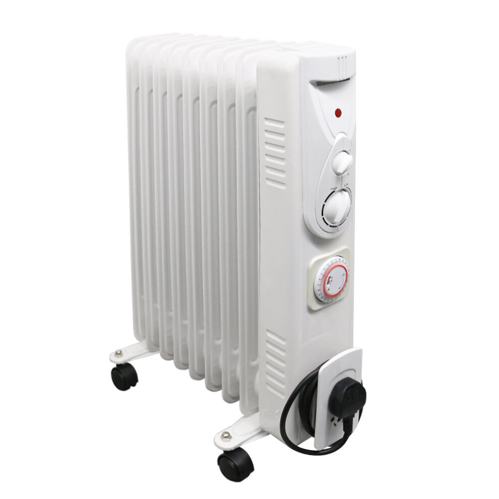 NRG Oil Filled Radiator Portable 9 Fin Electric Heater with Timer & Safety Tip Over Switch & Adjustable Thermostat (White 2KW)