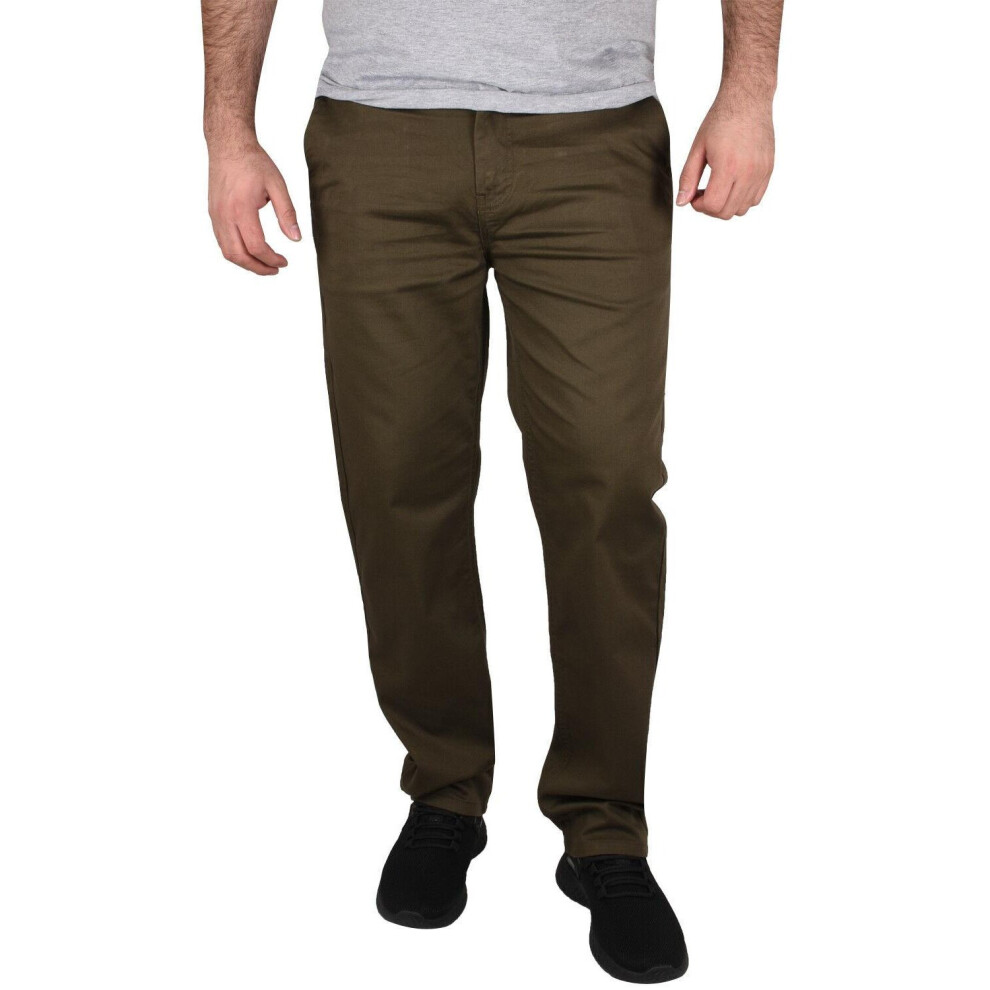 (Khaki, 32WX34L) Mens Chinos Jeans Designer Straight Leg Slim Fit Stretch Casual Trousers Pants