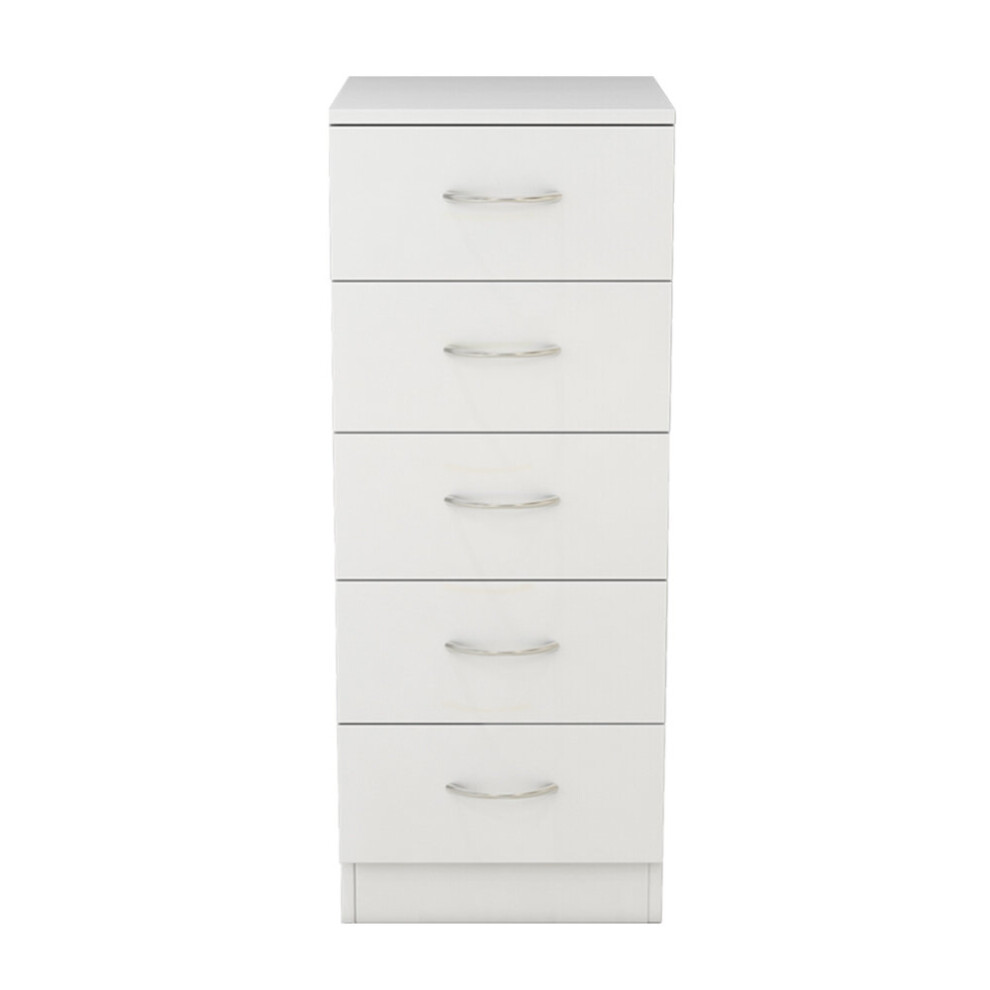 (5 Drawer Tall Narrow-With Metal Handles, White) NRG Chest of Drawers With Metal Handles Bedroom Furniture Storage Cabinets