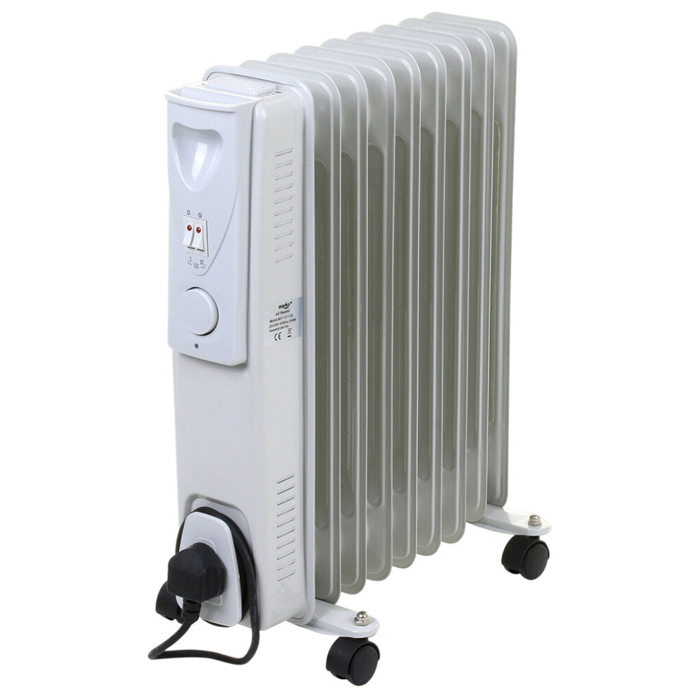 NRG Portable Oil Filled Radiator Electric 2KW Adjustable Thermostat 9 Fin Radiator Heater with 3 Power Settings White