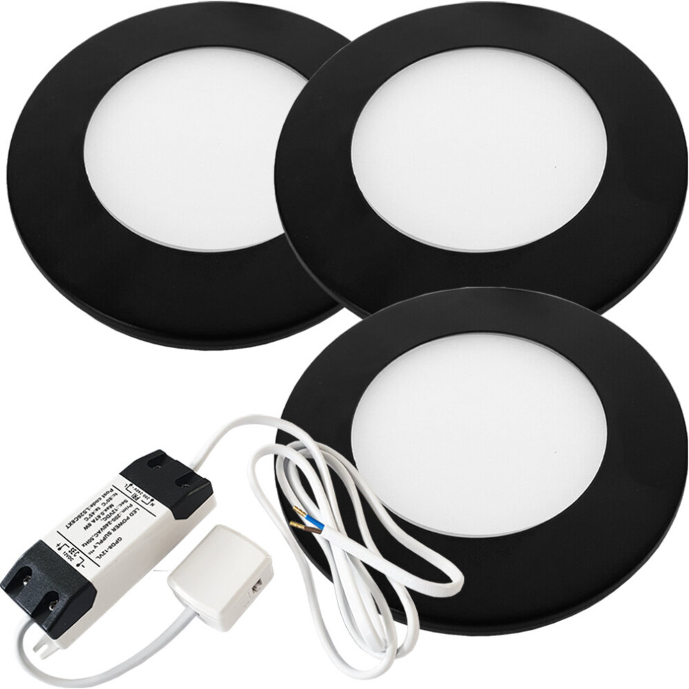 3x MATT BLACK Ultra-Slim Round Under Cabinet Kitchen Light & Driver Kit - Warm White Diffused LED