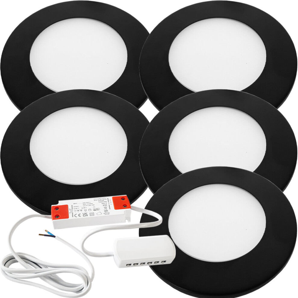 5x MATT BLACK Ultra-Slim Round Under Cabinet Kitchen Light & Driver Kit - Warm White Diffused LED