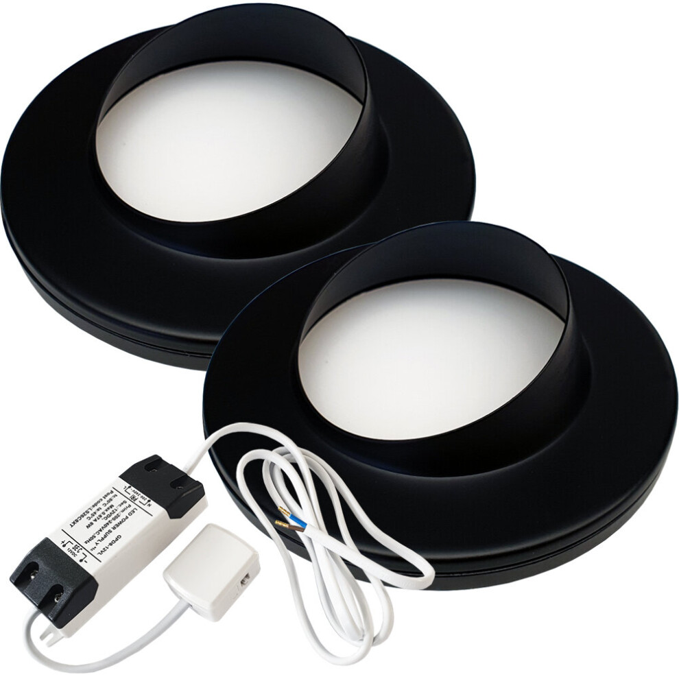 (2 Lights & Driver) MATT BLACK Slim Round Angled Under Cabinet Light & Driver - Warm White LED